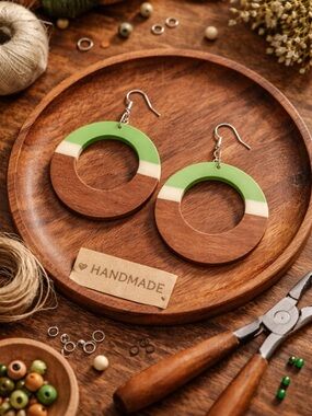 Green and Cream Wood Circle Dangle Earrings